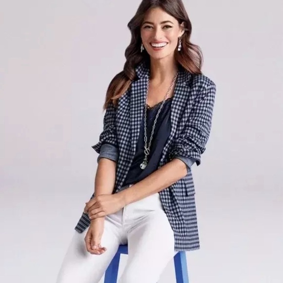 CABI | checkup blazer navy white plaid gold buttons unlined sz MEDIUM - Picture 2 of 13